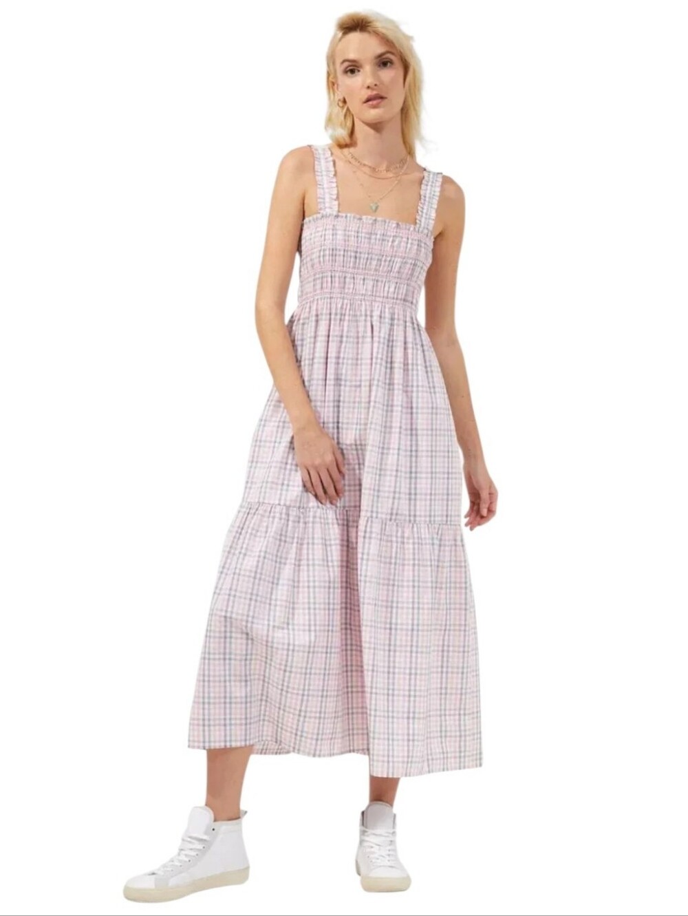 French Connection Pink Plaid Yaki Check Smocked Midi Sundress